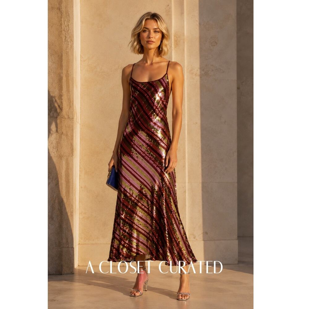 Rixo Sylvie Sequin Chiffon Midi Slip Dress Red Large